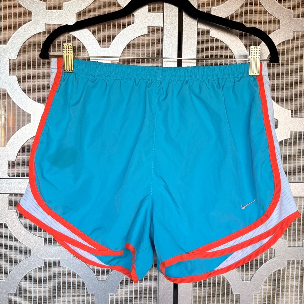 Nike Teal and Coral Running Shorts With Stain On Front